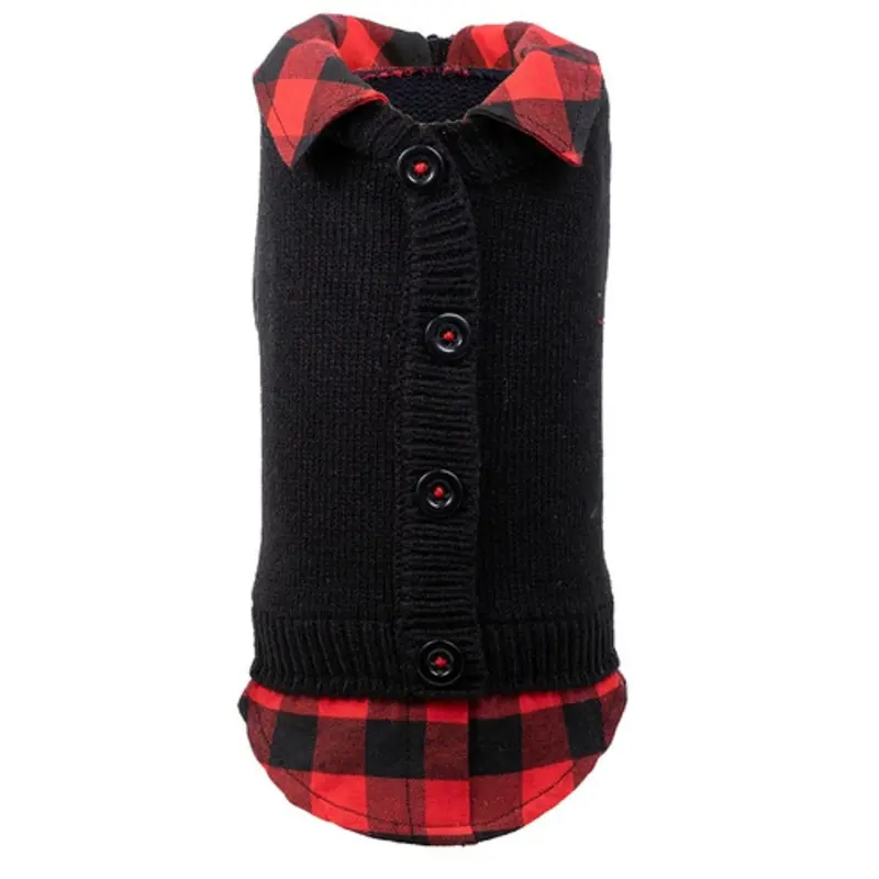 Two-fer Black/Buffalo Cardigan Dog Sweater