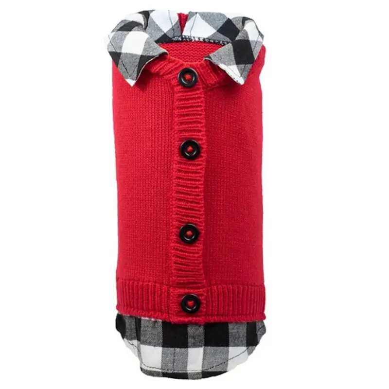 Two-fer Red/Buffalo Cardigan Dog Sweater