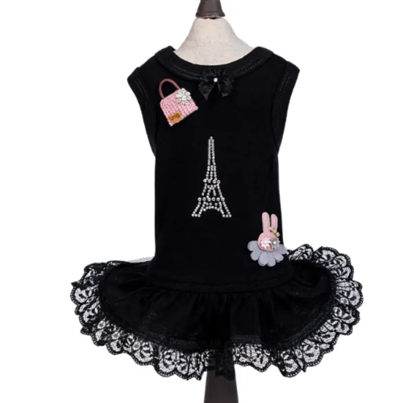 Designer Rhinestone Paris Dog Dress - Black XXS