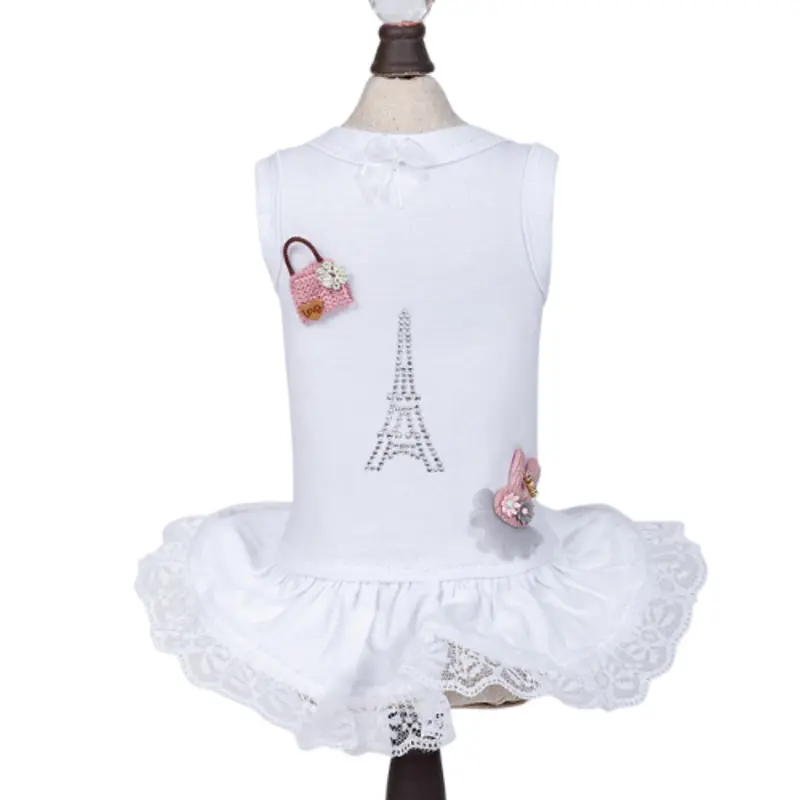 Designer Rhinestone Paris Dog Dress - White XXS