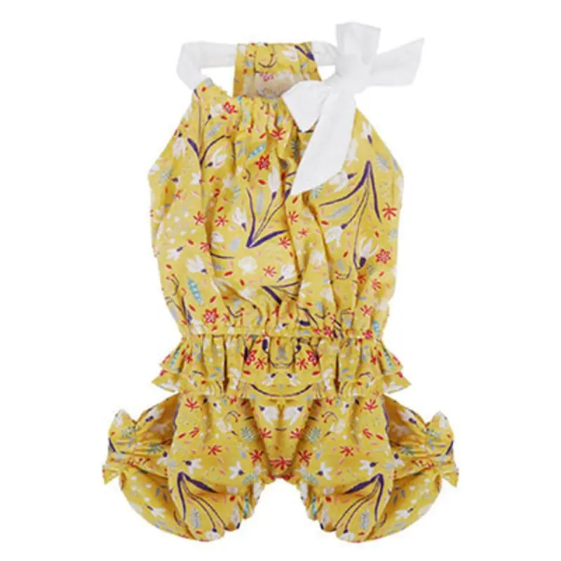 Floral Volum Sleeveless Summer Dog Jumpsuit - Yellow S