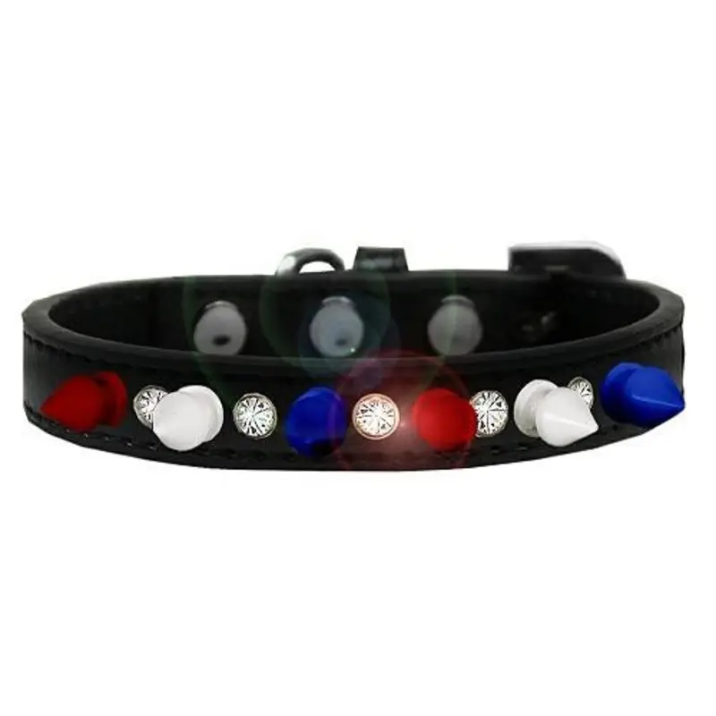 Crystal with Red, White and Blue Spikes Dog Collar - Black 10   (6-1/2" - 8-1/2" neck)