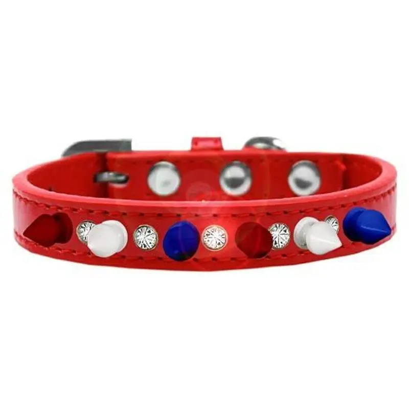 Crystal with Red, White and Blue Spikes Dog Collar - Red 10   (6-1/2" - 8-1/2" neck)