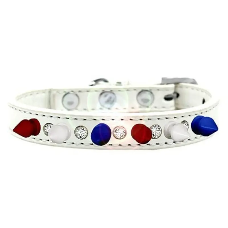 Crystal with Red, White and Blue Spikes Dog Collar - White 10   (6-1/2" - 8-1/2" neck)