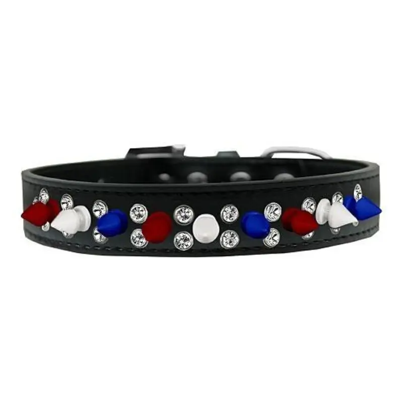 Double Crystal With Red, White And Blue Spikes Dog Collar - Black 12   (8.5 - 10.5")