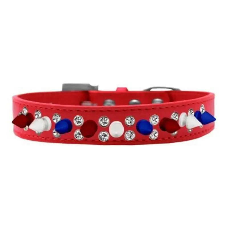 Double Crystal With Red, White And Blue Spikes Dog Collar - Red 12   (8.5 - 10.5")