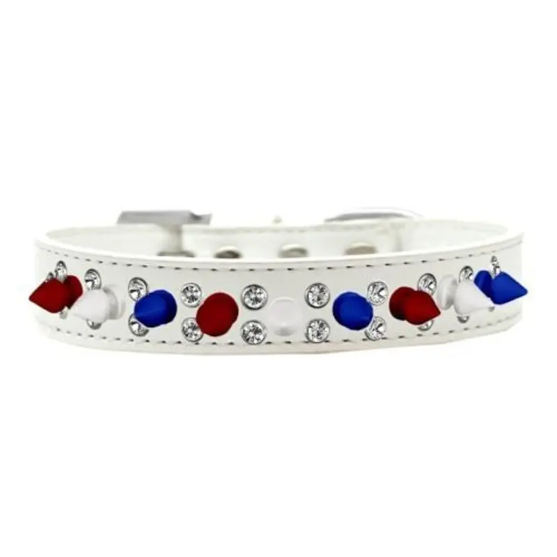 Double Crystal With Red, White And Blue Spikes Dog Collar - White 12   (8.5 - 10.5")