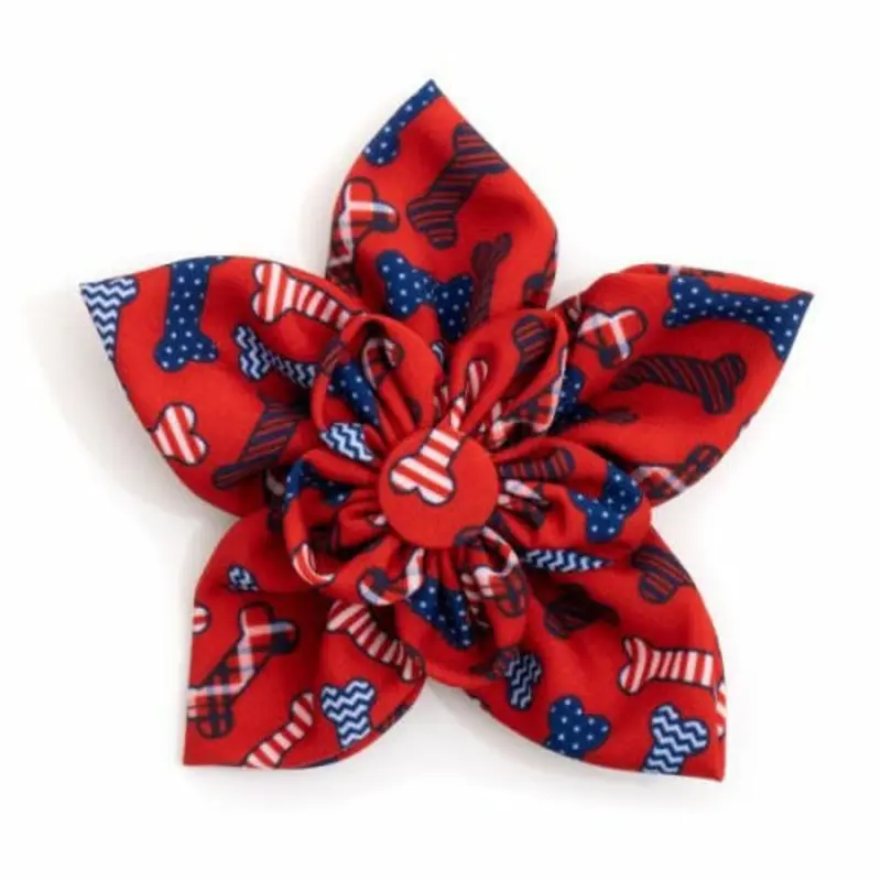Preppy Bones Pet Dog Collar Flower - Red/White/Blue Small