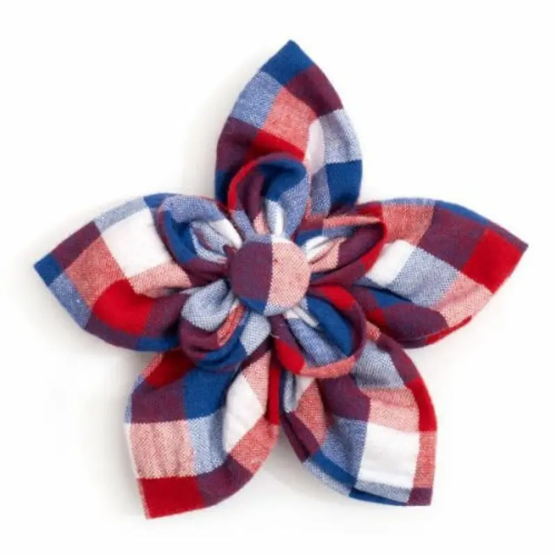 Red/White/Blue Check Pet Dog Collar Flower Small