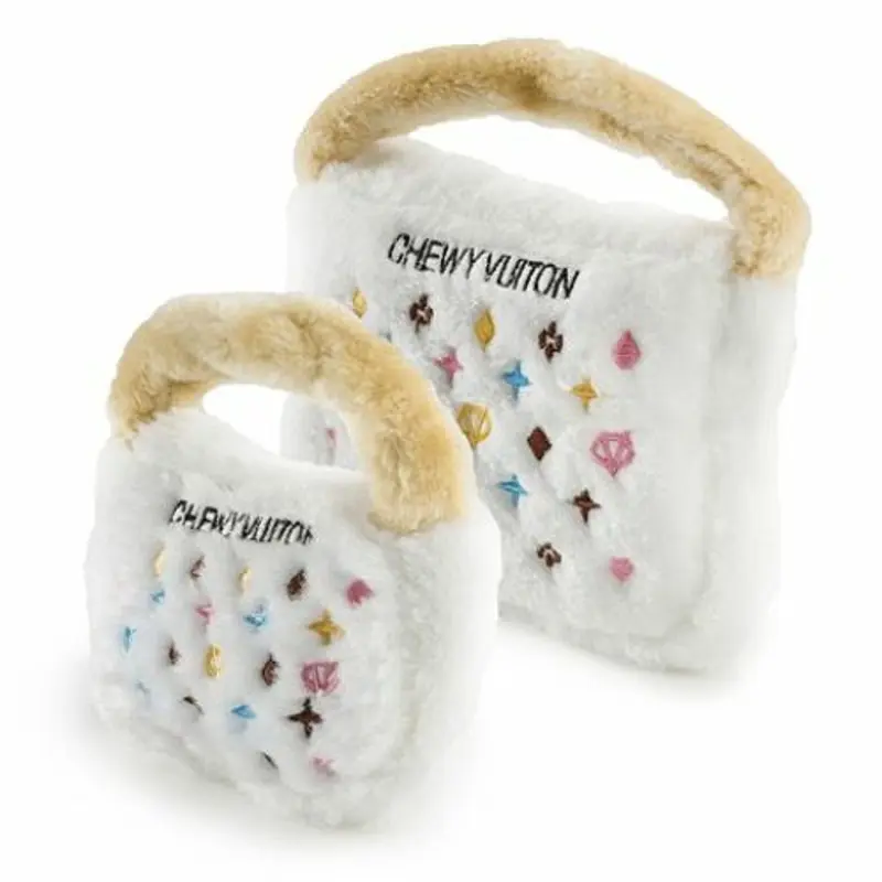 White Chewy Vuiton Purse Dog Toy Small