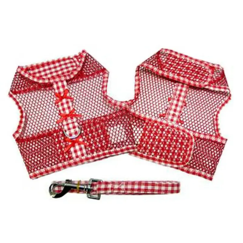 Red Gingham and Bows Cool Mesh Netted Dog Harness & Leash XS