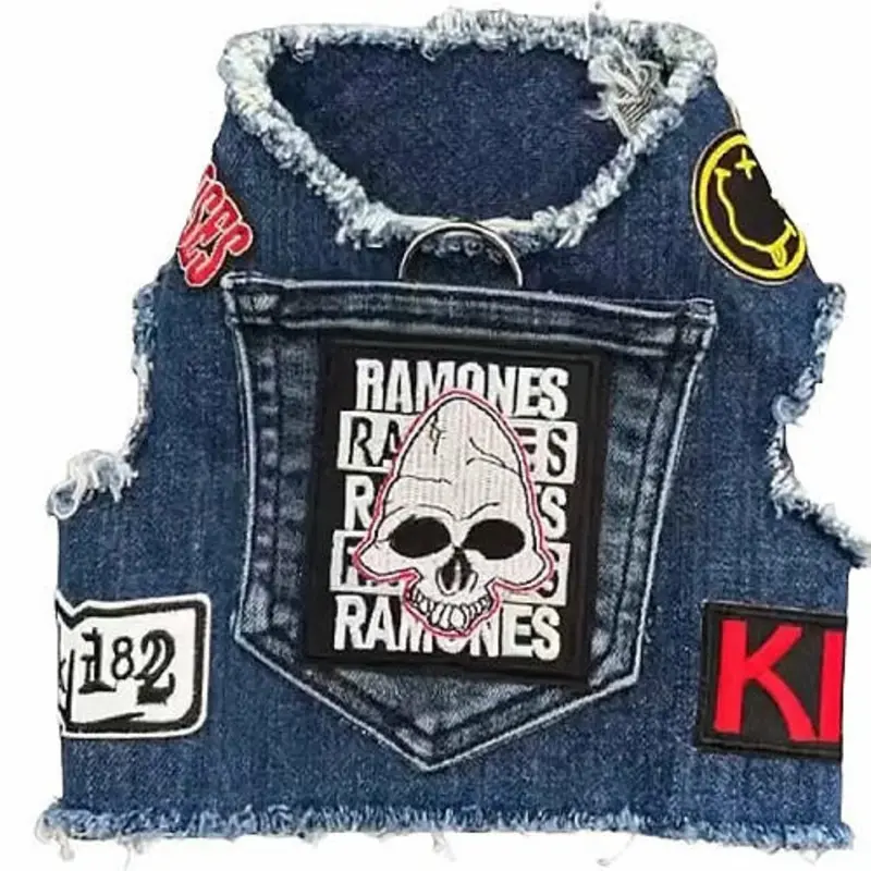 Rocker Dog Distressed Blue Denim Harness - Ramones