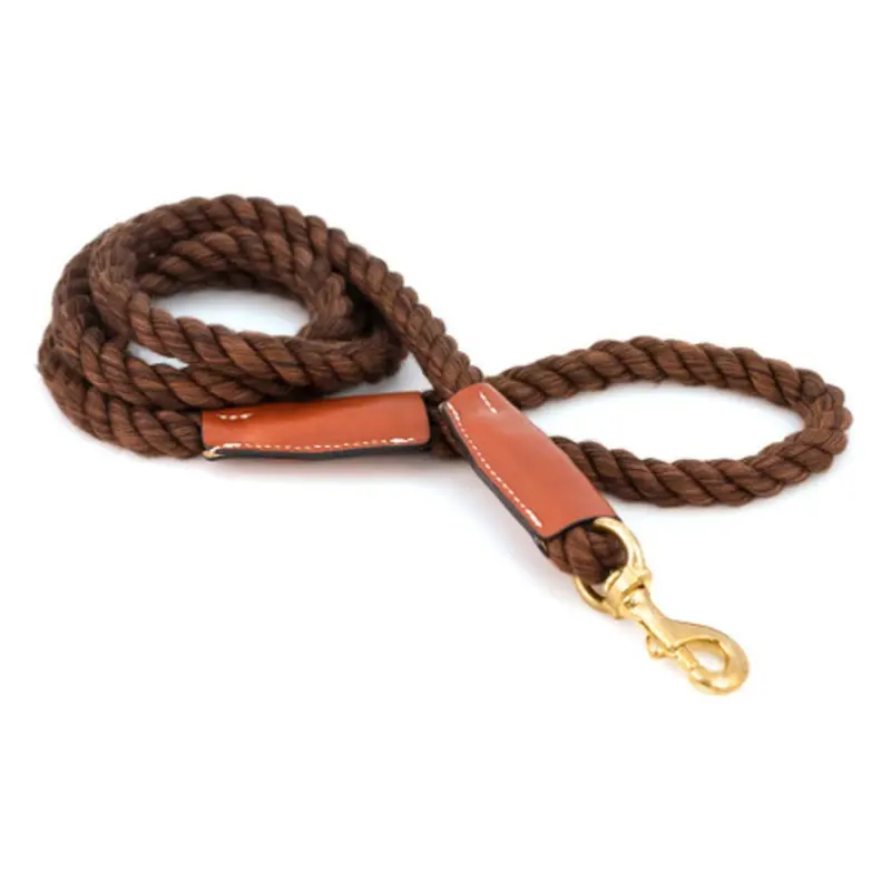 Cotton Rope Leash with Leather Accents - Brown - Snap Small  - 3/8" X 72"