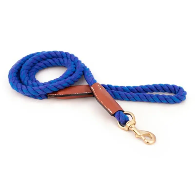 Cotton Rope Leash with Leather Accents - Nautical Blue - Snap Small  - 3/8" X 72"
