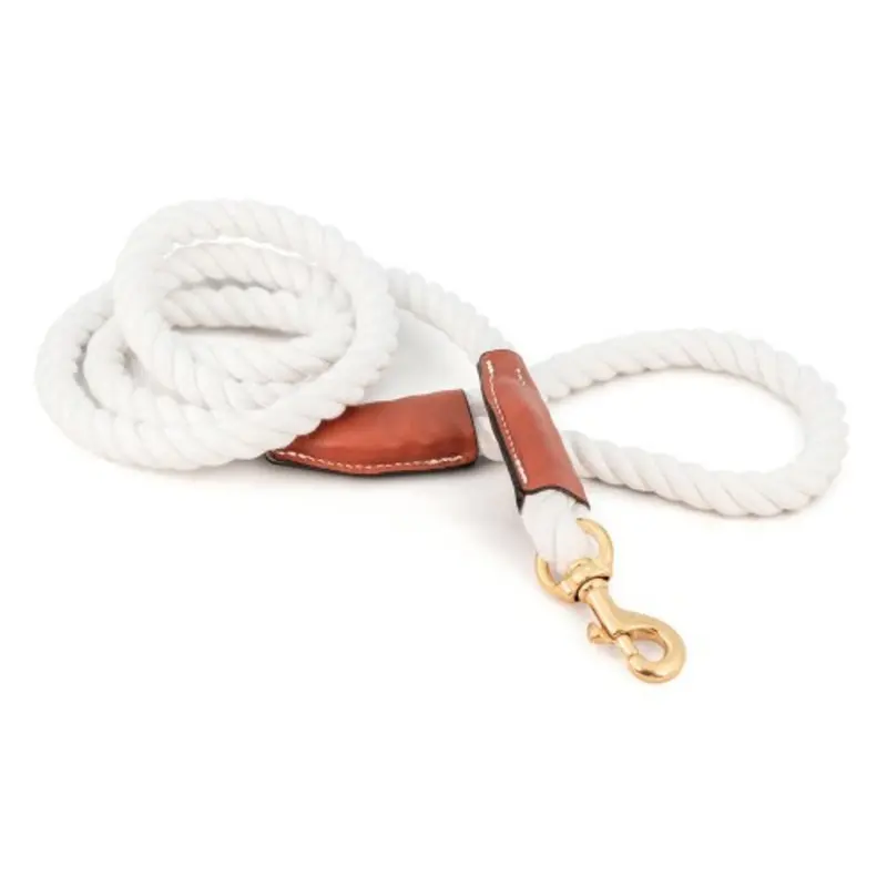 Cotton Rope Leash with Leather Accents - White - Snap Small  - 3/8" X 72"
