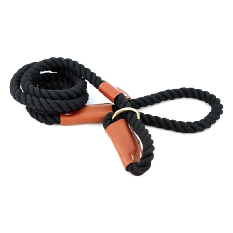 Cotton Rope Slip Leash with Leather Accents - Black One Size