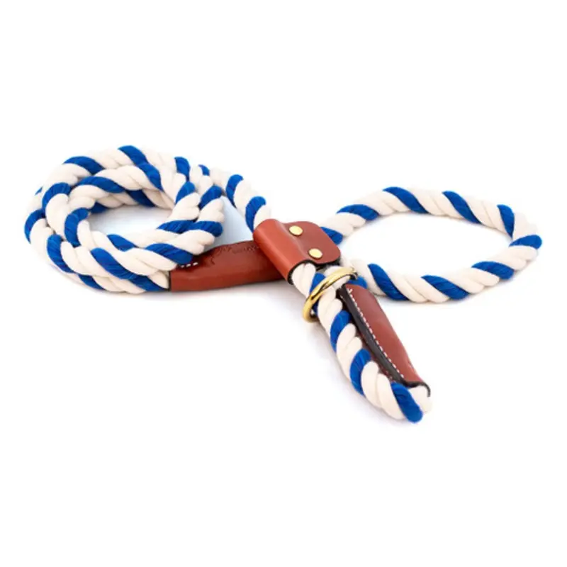 Cotton Rope Slip Leash with Leather Accents - Blue & White One Size