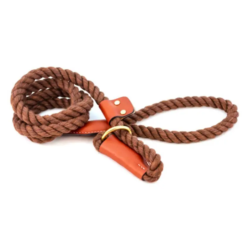Cotton Rope Slip Leash with Leather Accents - Brown One Size