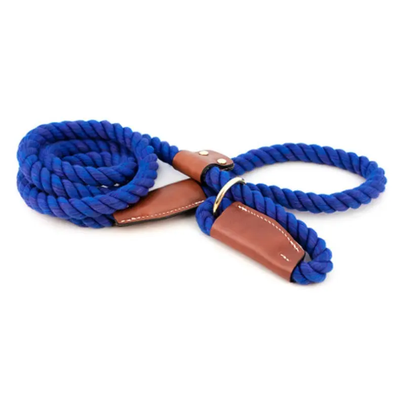 Cotton Rope Slip Leash with Leather Accents - Nautical Blue One Size