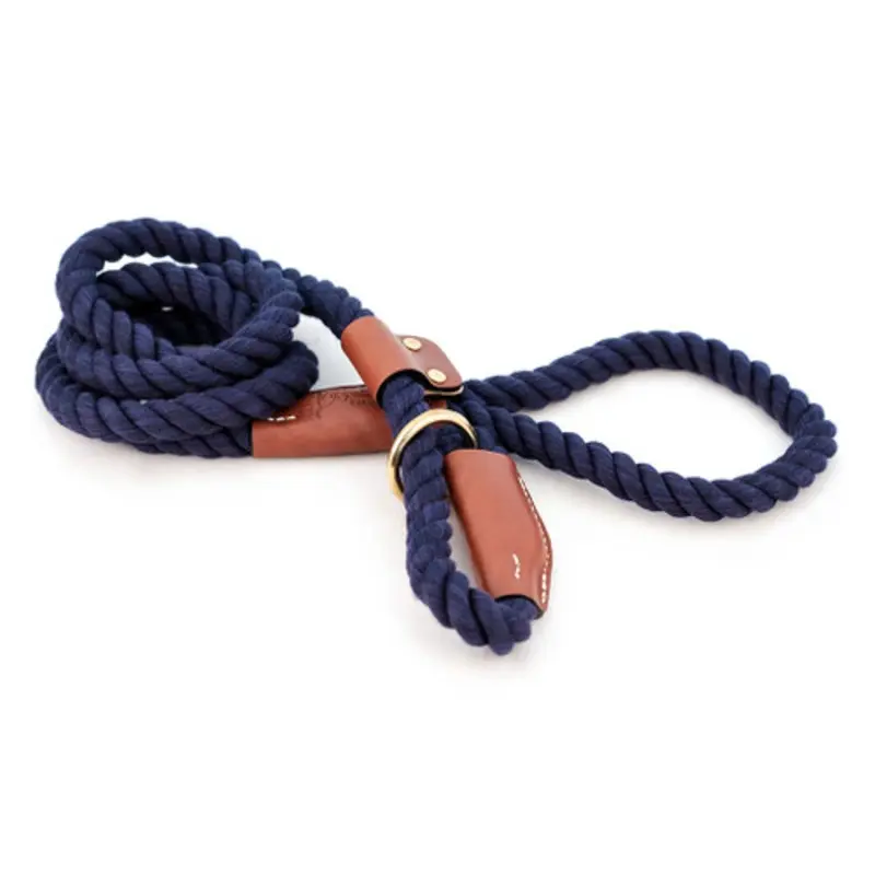 Cotton Rope Slip Leash with Leather Accents - Navy Blue One Size