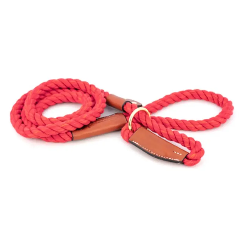 Cotton Rope Slip Leash with Leather Accents - Red One Size
