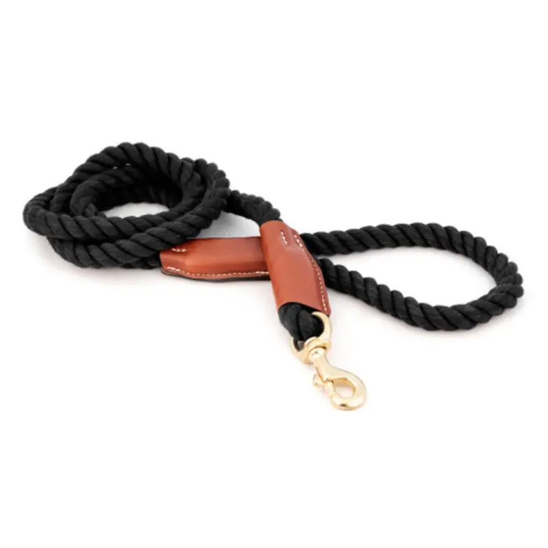 Cotton Rope Leash with Leather Accents - Black - Snap Small  - 3/8" X 72"