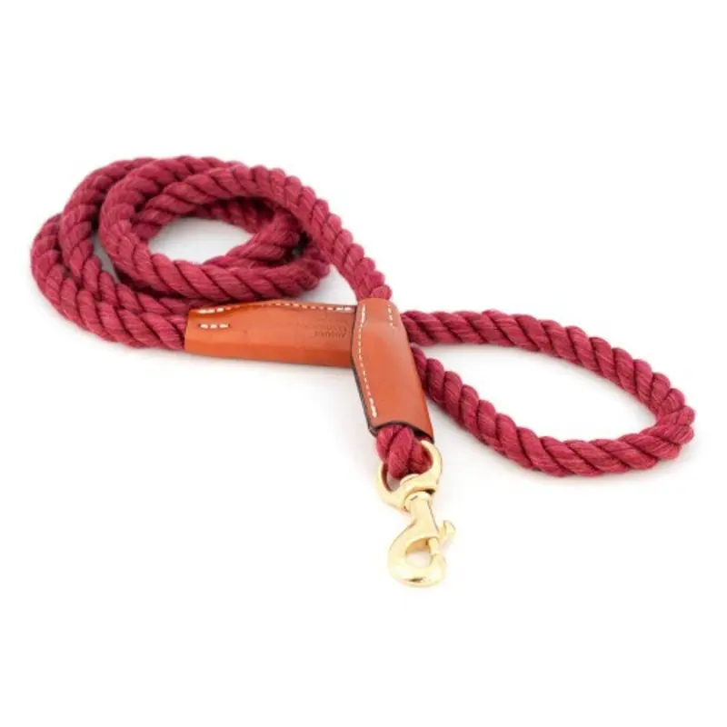 Cotton Rope Leash with Leather Accents - Maroon - Snap Small  - 3/8" X 72"