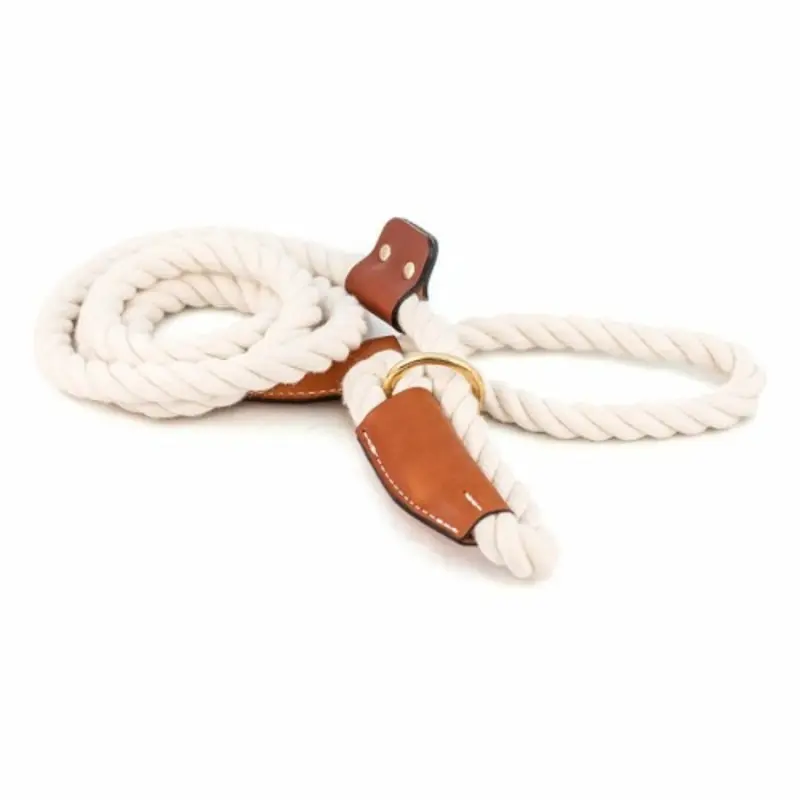 Cotton Rope Leash with Leather Accents - Natural - Slip One Size Only