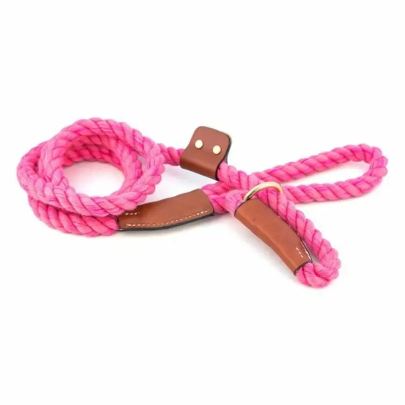 Cotton Rope Leash with Leather Accents - Pink - Slip One Size Only