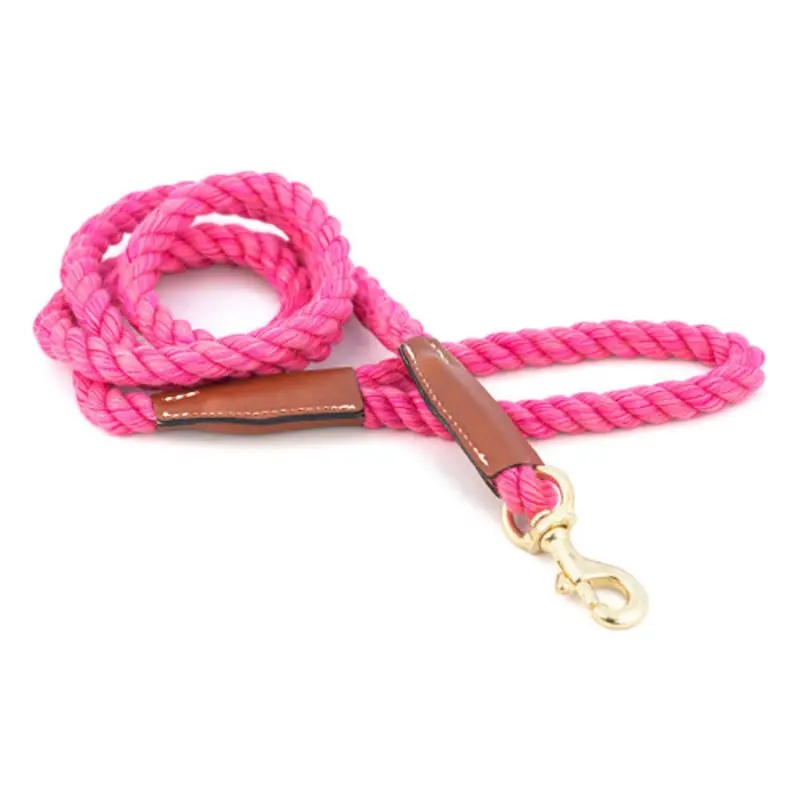 Cotton Rope Leash with Leather Accents - Pink - Snap Small  - 3/8" X 72"