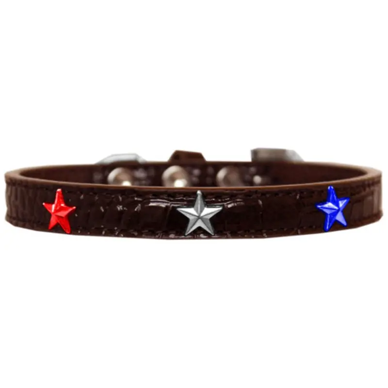 Red, White And Blue Star Widget Croc Dog Collar - Chocolate Brown