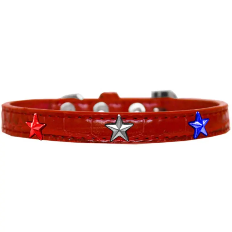 Red, White And Blue Star Widget Croc Dog Collar - Red