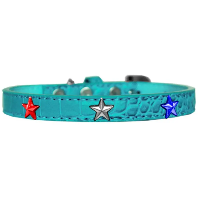 Red, White And Blue Star Widget Croc Dog Collar - Turquoise
