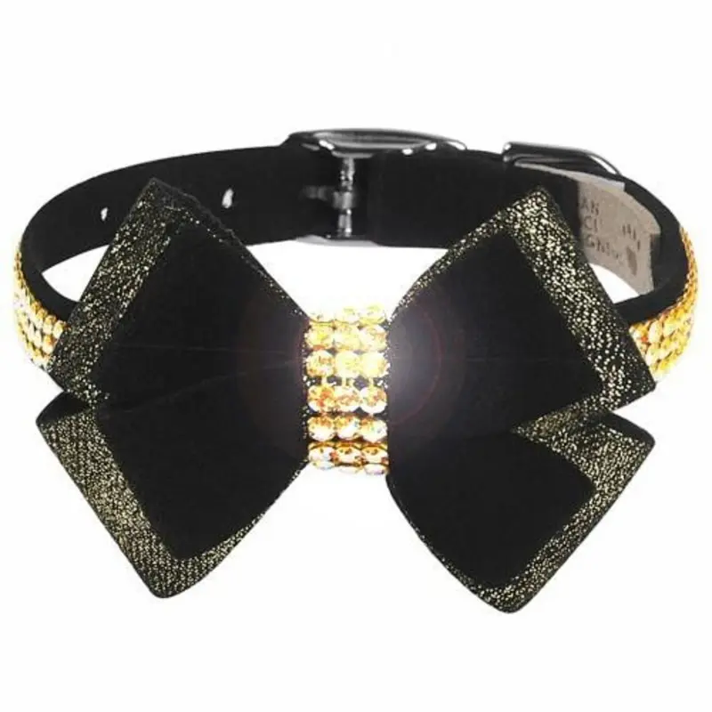 Black Glitzerati Double Nouveau Bow 3 Row Gold Giltmore Dog Collar Teacup   5 -6.5" neck