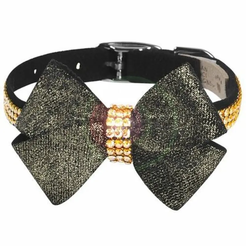 Black Glitzerati Nouveau Bow 3 Row Gold Giltmore Dog Collar Teacup   5 -6.5" neck