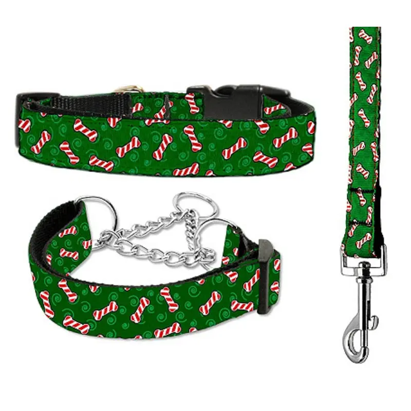Candy Cane Bones Nylon Ribbon Dog Collar & Matching Leash - Cat & Martingale Cat Collar