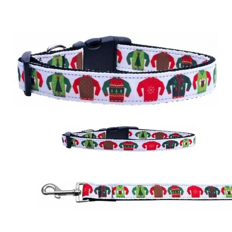 Ugly Sweaters Christmas Nylon Dog & Cat Collar & Matching Leash Yes, Add 3/8" x 4 ft Leash