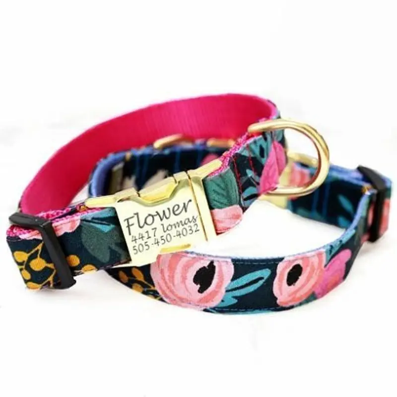 Fleur Navy Floral Canvas Dog Collar & Optional Leash Buckle side release (shown)