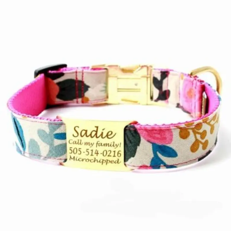 Fleur Neutral Floral Canvas Dog Collar & Optional Leash Buckle side release (shown)
