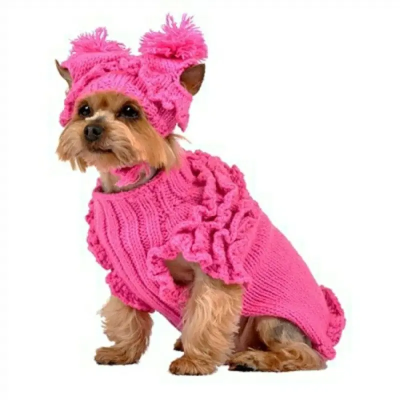 Hand Knit Hot Pink Ruffles Dog Sweater w/Hat Sz 14