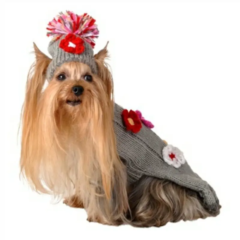 Hand Knit Sweet Flower dog sweater w/Hat Sz 8