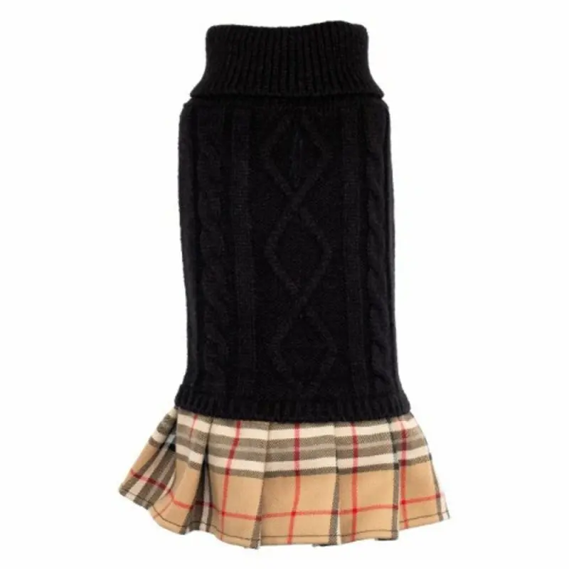 Black Turtleneck Dog Sweater Dress - Tan Plaid Skirt