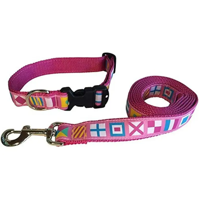 Dog Collar - Pink A-Z Code Nautical Flags - 3/4, 1 1/4