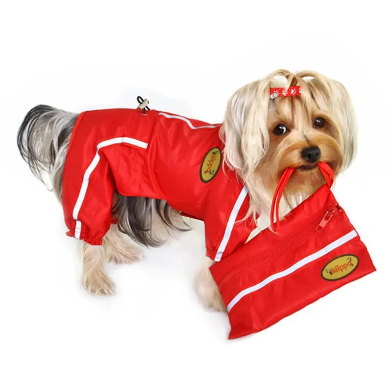 Dog Red Raincoat Bodysuit with Reflective Stripes & Matching Pouch XS