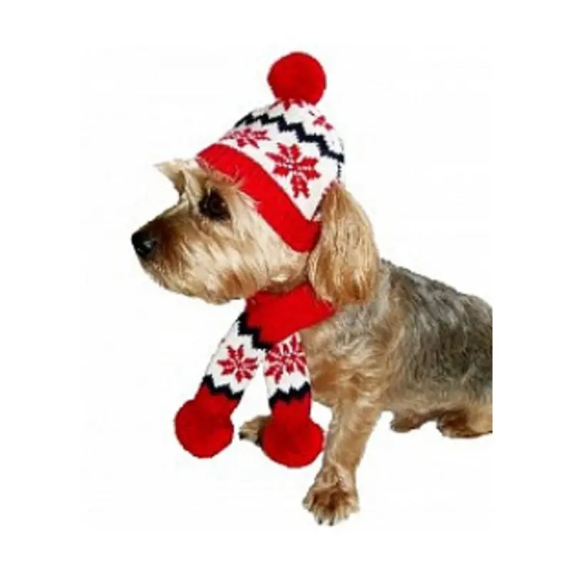 Sassy Knitted Winter Pet Dog Hat & Scarf - Red Snowflake Small Set