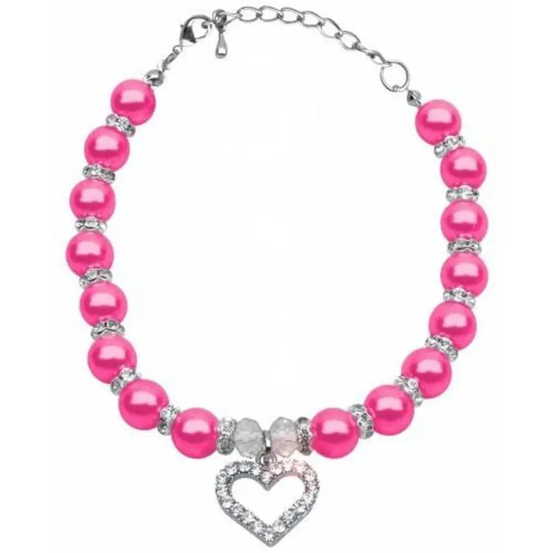 Heart and Bright Pink Pearl Single Strand Pet Dog Necklace Small