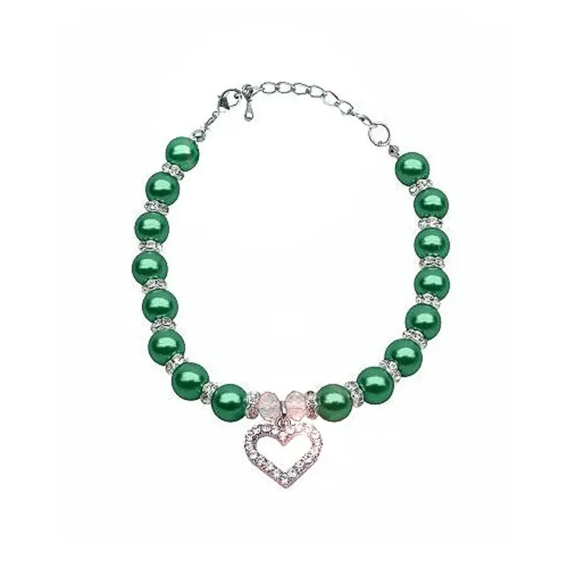 Heart and Pearl Single Strand Pet Dog Necklace - Emerald Green Small