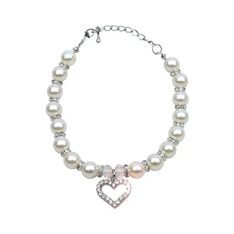 Heart and Pearl Single Strand Pet Dog Necklace Small