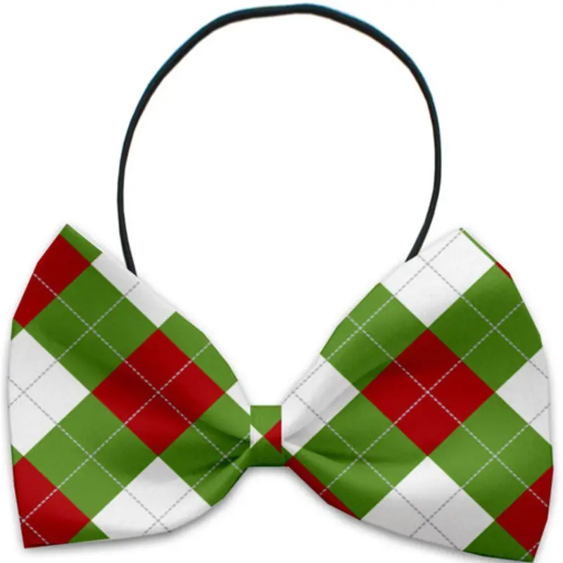 Christmas Argyle Pet Dog Bow Tie Elastic - Necks 10 - 19 inches