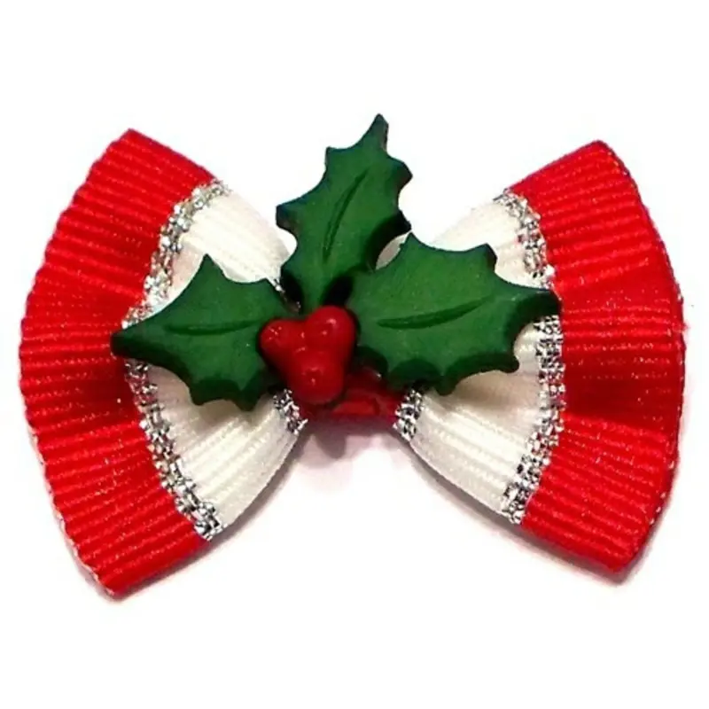 Christmas Deck the Hollies Dog Hair Bow Barrette Alligator Clip